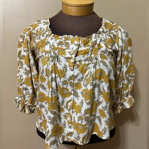 Cupcakes and Cashmere Yellow Floral Button Down Peasant Linen Blend Top XS